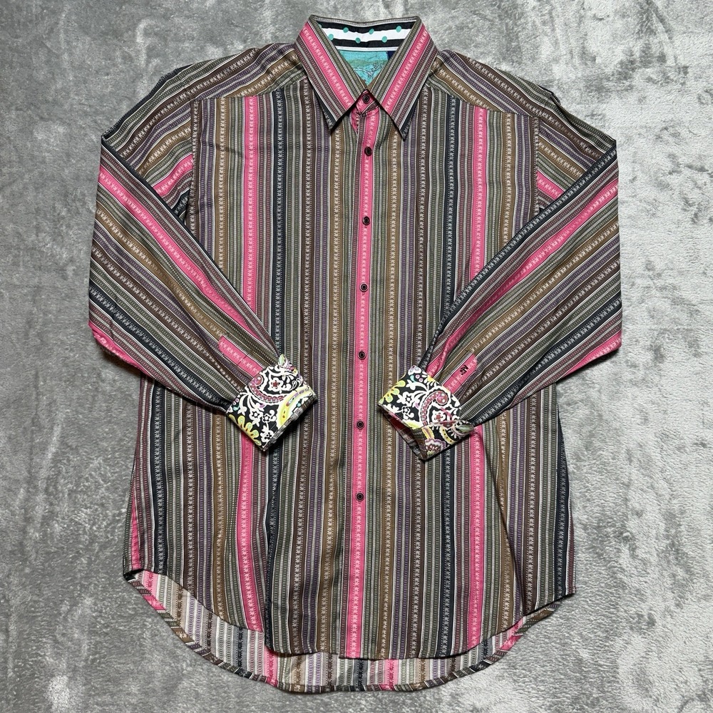 Robert Graham Shirt Mens Medium Pink Brown Black Stripes Button Up Flip Cuffs